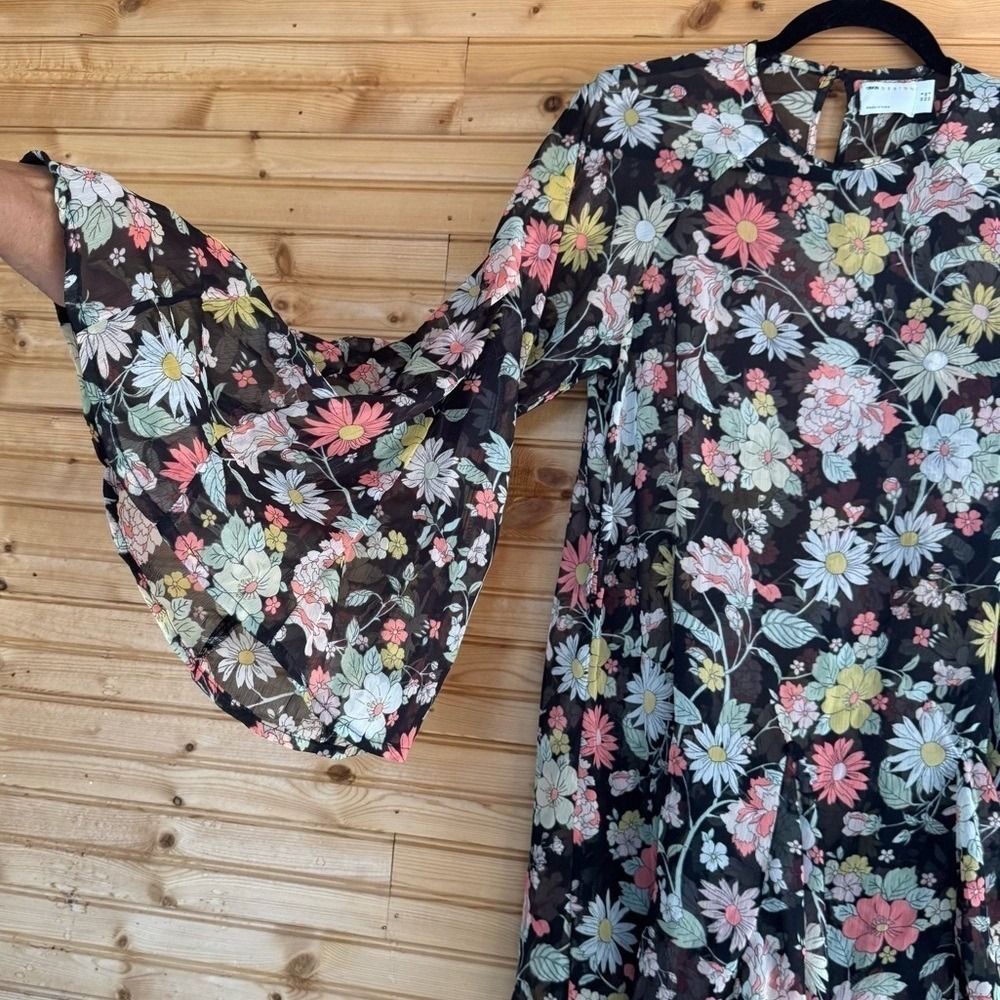 Asos Dress Bell Sleeve Mini Skater Boho Fairy 4 Black Floral Flowy Dreamy Beach